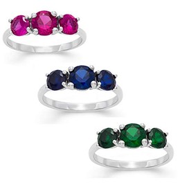 Celebration Moments .925 Sterling Silver Simulated Ruby, Sapphire and Emerald Semi Precious Multi Gemstone Three Piece Ring Set For Women Sizes 5-10 (Size 5)