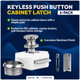 Five Oceans 2-Pack Polished Stainless Steel Keyless Push Button Latch, Marine Boat, RV, & Home Cabinet Door Latch, 9/16" to 1" Door Thickness, Push-to-Open, Easy Install, Corrosion-Resistant - FO92-M2