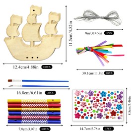 Meanju Wooden Pirate Ship Craft Set 10 Pieces, Wind Chime Craft Set Children with Brush/Gemstone Stickers, Pirate Ships Made of Wood for Standing, DIY Craft Set Wooden Wind Chime, Pirate Children's