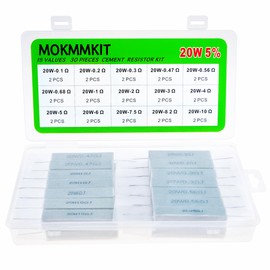 MOKMMKIT 15 Values 30 Pieces Ceramic Cement Resistor KIT 20W Resistance 20 Watt ±5% Power Resistors (0.1 Ohm - 10 Ohm)