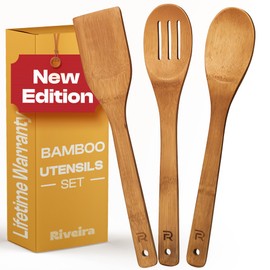 Riveira Dark Bamboo Wooden Spoons for Cooking 3-Piece, Apartment Essentials Wood Spatula Spoon Nonstick Kitchen Utensil Set Premium Quality Housewarming Gifts for Everyday Use