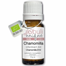 Chamomilla (D12) BIO Streukügelchen · globuli unique · informiert mit Chamomilla D12 · natürliche sanfte Begleitung beim Zahnen · 10 g · DE-ÖKO-007