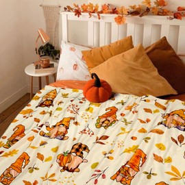 uimchwp Fall Blanket, Cream Thanksgiving Fall Pumpkin Maple Leaf Gnome Blanket, Flannel Soft Warm Cozy Blanket for Sofa and Chair 50x60inch