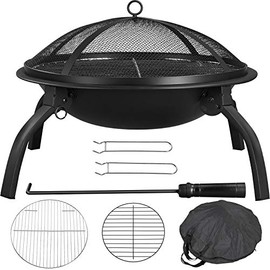 Yaheetech 22inch Firepit Portable Folding Steel Fire Bowl Garden Treasures Fire Pit Wood Burning Outdoor Fireplace with Spark Screen, BBQ Grill, Log Grate & Carrying Bag for Patio Backyard Camping