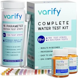 Varify Kit completo de prueba de agua potable 17 en 1 - 100 tiras + 2 kits de prueba de bacterias, bueno, llave, hogar, tira de prueba de agua para pl