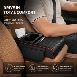 Car Center Console Armrest Cushion with Storage – PU Leather Organizer with Cup Holders, Phone Pockets & Tissue Holder