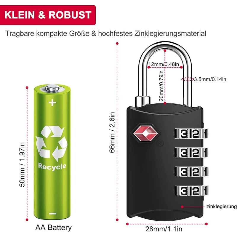 ZHEGE TSA Lock Suitcase, Suitcase Locks, 4-Digit Locks, Combination Code