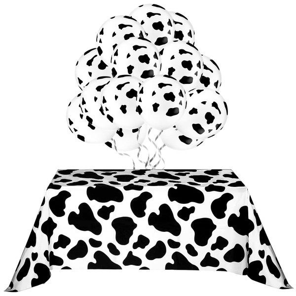 Cow Tablecloth for Party,Include 2 Pieces Table Covers, 20 Pieces Cow Balloons and 10m White Ribbon Party Picnic Supplies (Cow Print Cow Pattern)