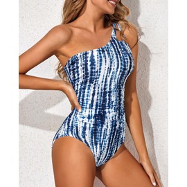 Holipick - Traje de baño de una pieza con un hombro para mujer, con control de abdomen, traje de baño modesto de cobertura completa con abertura cerrada, Azul (Blue Tie Dye), L