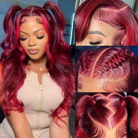 13x6 99J Burgundy Red Lace Front Wigs Human Hair Burgundy Red Highlight Wig Human Hair Pre Plucked 200% Density Body Wave 99J Human Hair Wig Glueless Colored Wigs for Women 22 Inch
