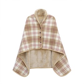 XING YE CHUAN Manta de Forro Polar, cómoda Manta de Poncho con Botones, Mantas de Felpa sin Mangas, para Mujer, Cubierta de Capa para diseño Ligero de Microfibra a Cuadros (Beige)