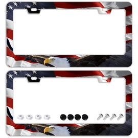 American Flag Eagle License Plate Frames - 2 Pcs Set 2 Holes Stainless Steel Metal Auto Car Accessories Decoration License Plate Frame Cover Size 6.3" x 12.2" Fit US Vehicles for Women Men Gift