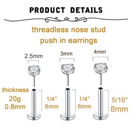 MODRSA Threadless Nose Stud 20g Flat Back Nose Stud 20g Cartilage Earring Flat Back Earrings Flatback Nose Stud 20 gauge Nose Rings with Backs Push in Nose Stud Helix Conch Earring Studs for Women 6mm