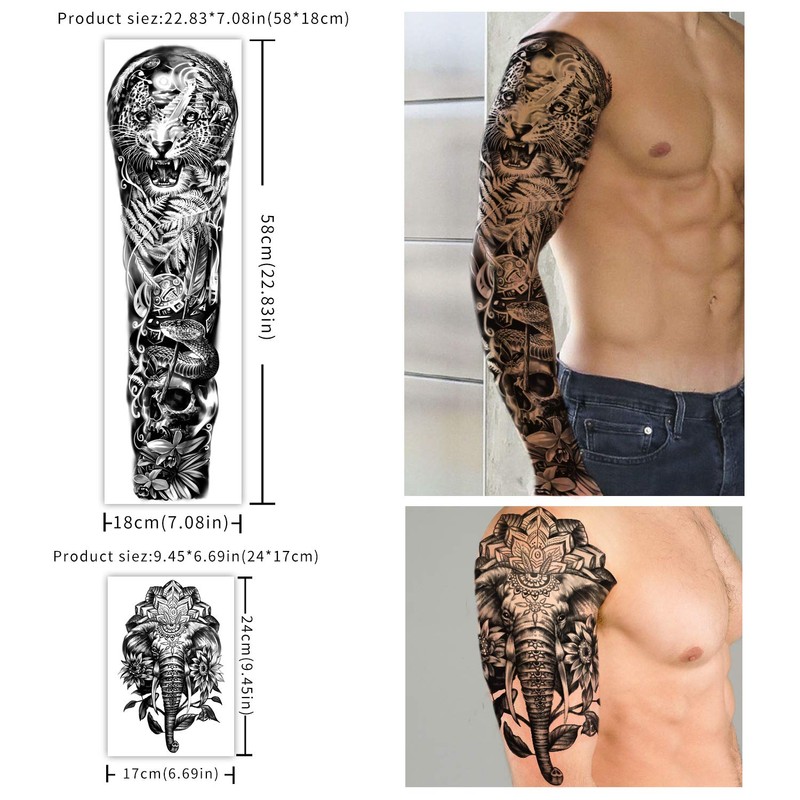 Waterproof Temporary Tattoos Full Arm 8 Sheets and Half Sleeve
