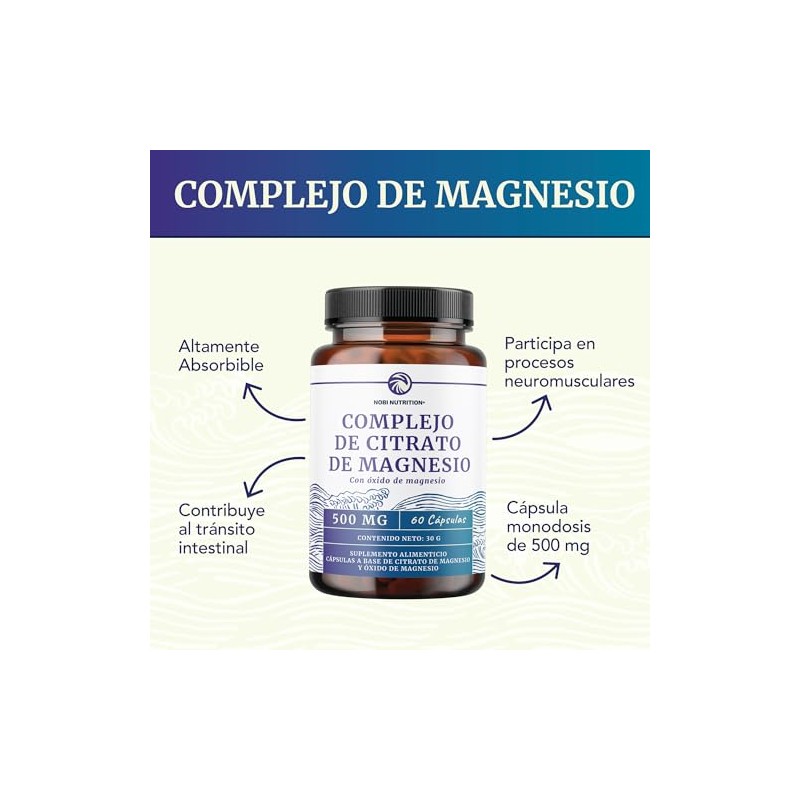 Nobi Nutrition Citrato de Magnesio 500 mg, 60 Cápsulas Complejo