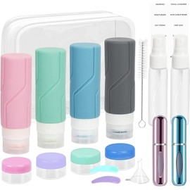 Juego de botellas de viaje de 18 piezas, botellas de viaje de silicona de 100 ml con bolsa transparente, recipientes de viaje recargables, apretables y a prueba de fugas aprobados por la TSA