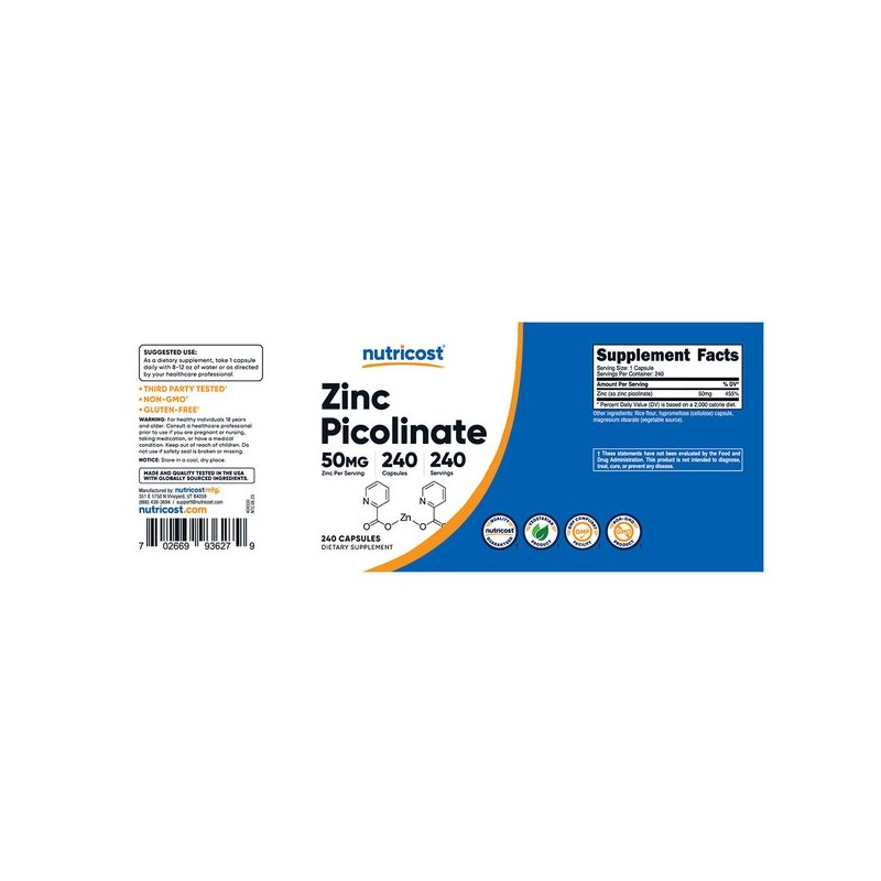 아연 피콜리네이트 50mg 240캡슐 1병 Zinc Picolinate 50mg 240 Capsules