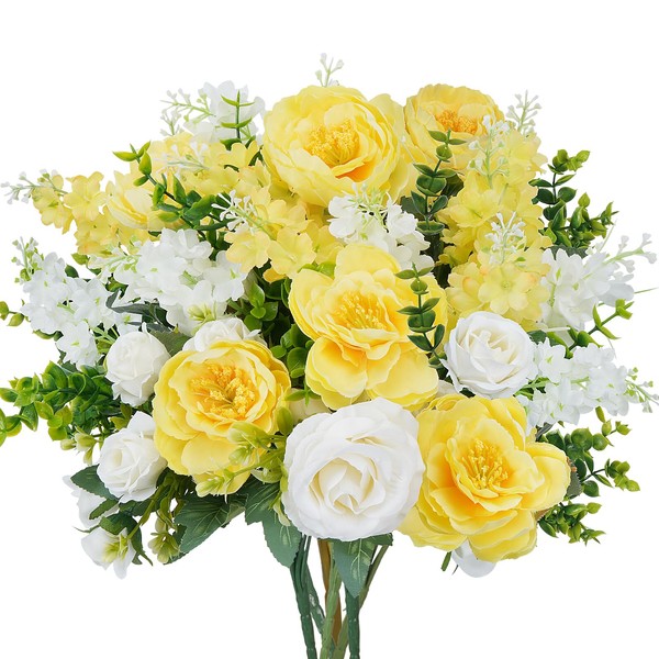 HUAESIN Artificial Flowers Silk Rose Peony Bouquets Yellow White Faux