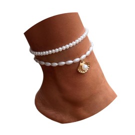 Shegirl Boho Pearl Anklets Bracelets Beaded Layered Ankles Bracelets Shell Pendant Foot Chain Jewelry for Women