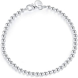 Ladies Silver Bracelet,Charm Lady 925 Sterling Silver Retro Bracelet Fashion 4Mm Round Bead Jewelry Personality Silver Bracelet Elegant Atmosphere Comfortable Simple Casual Christmas Engagement Bir