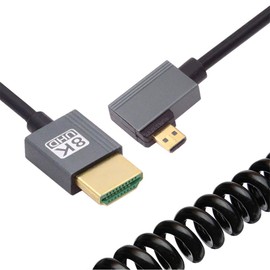 NFHK Cable Micro HDMI 2.1 Male to HDMI Male 8K 60hz Stretch Coiled Cable Left Angled 90 Degree for HDTV Camera Laptop Monitor