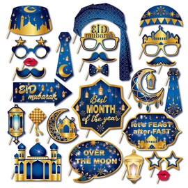 EKSMA 25Pcs Eid Mubarak Photo Props, Ramadan Mubarak Photo Booth Props, Ramadan Decorations for Ramadan Party for Home Multicolor Eid Mubarak Decorations - Blue
