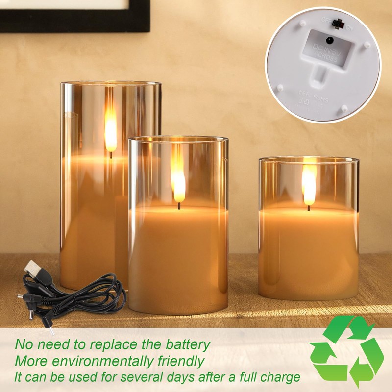 GenSwin Rechargeable LED Flameless Flickering Glass Candles with Remote Timer,