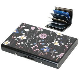 BONSYL® Credit Card Holder, RFID Blocking Slim Metal Credit Card Holder Wallets for Men and Women, 6 Cards/Black/Flower, Modern