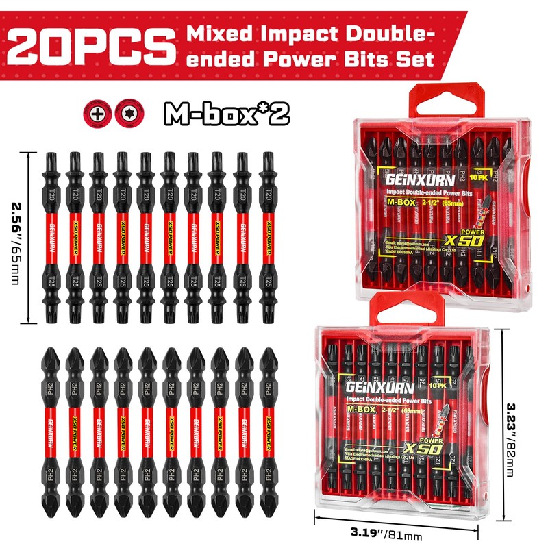 Geinxurn Impact Double End Screwdriver Bit Set, 20Pcs 2.56 In.Reversible