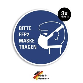 Pack of 3 - Sticker Note Bitte FFP2 Maske TRAGEN Gebot Schild Folie Ø15 cm | Blue | Made in Germany