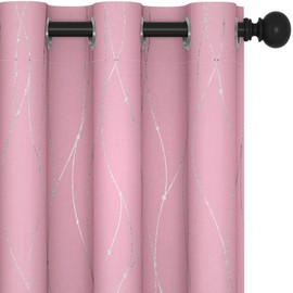 Deconovo Short Blackout Curtain, Pink Curtain, Thermal Insulated Soundproof Grommet Drapes, Wave Line Dot Foil Print, 38 x 45 Inch, 2 Panels, Machine‑Washable Window Panel for Small Windows Kitchne