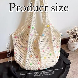 BEWITU Boho Crochet Beach Bag Cute Tote Bag with Colorful Bead Decoration, Summer Hippie Woven Tote for Women