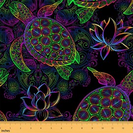 Feelyou Sea Turtle Upholstery Fabric by The Yard, Ocean Marine Tortoise Outdoor Fabric by The Yard, Boho Paisley Decorative Fabric for Upholstery and Home DIY Projects, 1 Yard, Green Purple