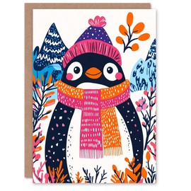 Wee Blue Coo Greeting Card Cute Penguin Winter Hat Scarf Vibrant Cartoon For Child Kids Xmas Christmas Card