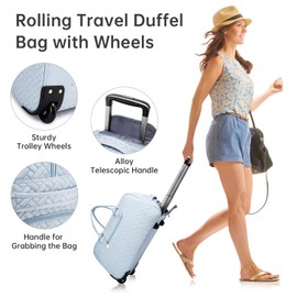 Rolling Travel Duffle Bag with Wheels for Women, Large Carry on Duffel Bags with Toiletry Bag Wet Pocket, Weekender Overnight Traveling Bag with Roller Blue