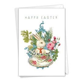 The Best Card Company - 1 Easter Greeting Card with Envelope - Fun Bunny Rabbit Notecard for Kids - Victorian Blooms and Bunnies C3513AEAG