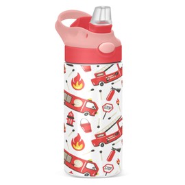 Boccsty Firefighter Pattern Fire Truck Kids Water Bottle with Straw Lid Insulated Stainless Steel Reusable Tumbler for Boys Girls Toddlers 12 oz Pink