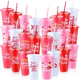 Yungyan 12 Pcs Valentine's Day Cups with Lid and Straw 24 oz Reusable Valentines Plastic Tumblers Red Pink White Heart Drinking Cups for Valentines Cold Drinks Home Office Decoration Party Favors