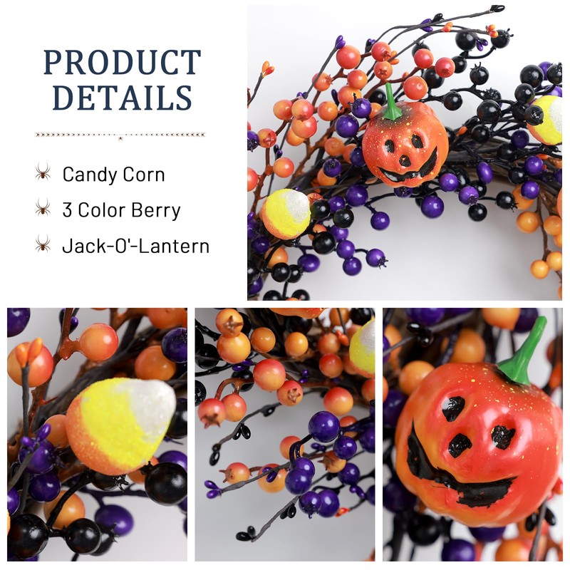 20" Halloween Wreaths for Front Door with Jack-o'-Lanterns and Candy