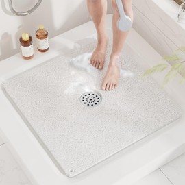 HITSLAM Shower Mat, 24x24 Inch Square Non Slip Bathtub Mat, Soft PVC Loofah Bath Mat for Tub with Hanging Holes, Quick Drying Shower Floor Mat, Without Suction Cups, White
