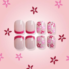 Pink Flowers Press on Nails Short French Tip Fake Nails Light Pink False Nails Square Glossy Full Cover Acrylic Nails Spring Floral Artificial Nails Stick on Nails for Women 24Pcs