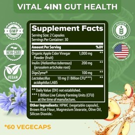 VITAL NUTRITIVE Fórmula 4 en 1 Vital Gut Health con vinagre de sidra de manzana, prebióticos y probióticos, enzimas digestivas para un fuerte apoyo...