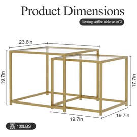 Adompacat Glass Coffee Table Gold,Nesting Tables Set of 2, Minimalist Coffee Side End Tables for Small Spaces, Sofa Side Tea Coffee Table with Metal Frame for Home, Office, Space-Saving