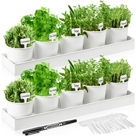 FoldTier 2 Sets Herb Garden Planter Indoor Kit with Trey 10 Pcs Metal Windowsill Plant Pots with Drainage Holes Indoor Herb Planter with Marker and Labels for Home Outdoor Plants(White)