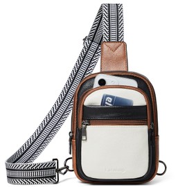 LATMAP SMALL Sling Bag Fanny Packs For Women Men Mini Crossbody Chest Belt Travel Bag Purse Handbag Faux Leather Fashion Cute,Black and Beige with Brown