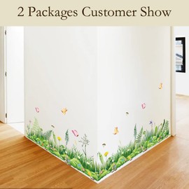 decalmile Green Grass Fern Baseboard Wall Stickers Meadow Flowers Butterflies Skirting Line Corner Wall Decals Bedroom Living Room Wall Decor (Width:141CM)