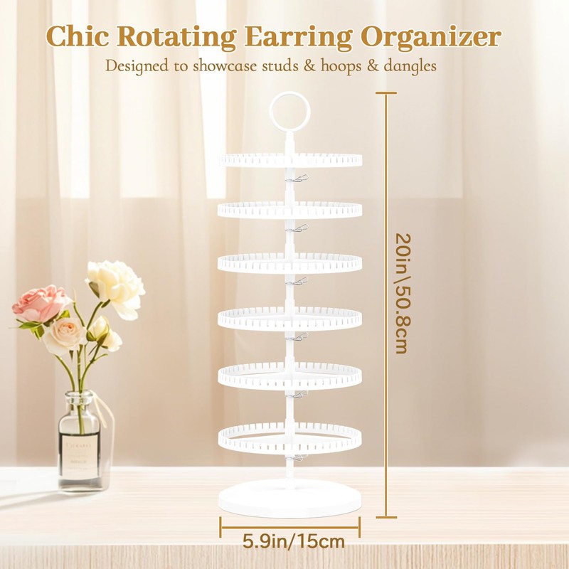 MODOWEY 6 Tier Rotating Earring Holder Organizer, Adjustable Metal &