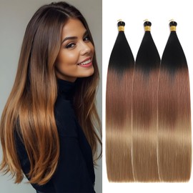 Locescsoc 28 Inch Bone Straight Braiding Hair 150g 3 Packs Straight Hair Extensions, Ariel Straight Ponytail Hair Bundles, Ombre Soft Synthetic Hair for Women (C14, 28 Inch 3 Packs)