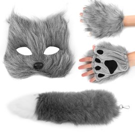KIUGCO Furry Therian Mask and Fox Tail Gloves Set for Girls, Cat Mask Therian, Wolf Therian Gear, Tharian Costumes (Grey), Standard