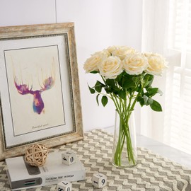 IUKnot Artificial Rose 10pcs Open Flower Bouquet Faux Rose Stems for Wedding Arrangement, Bridal Bouquet, Centerpiece, Fake Faux Silk Flowers (Ivory)